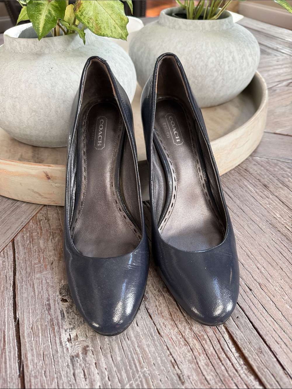 Coach Navy Patent Leather Round-Toe Pumps